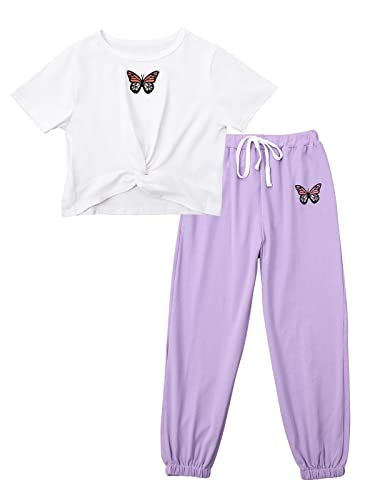 Usaibhir Aesthetic Girls Butterfly Outfits 2 Piece Cute Crop Tops & Pants Set Pullover Crew Neck Sweatsuits Clothes 4-13 Year #TOP15