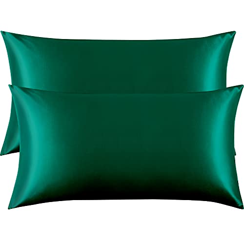 FLXXIE 2 Pack Satin Pillowcases for Hair and Skin, Luxury Soft King (20x40 Inches) Silky Pillow Cases with Envelope Closure, Dark Green