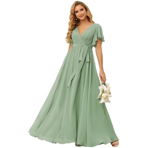 SEIM V Neck Long Pleated Bridesmaid Dresses with Sleeves for Women Chiffon Bridesmaid Dresses with Pockets Dusty Sage 06 Cover