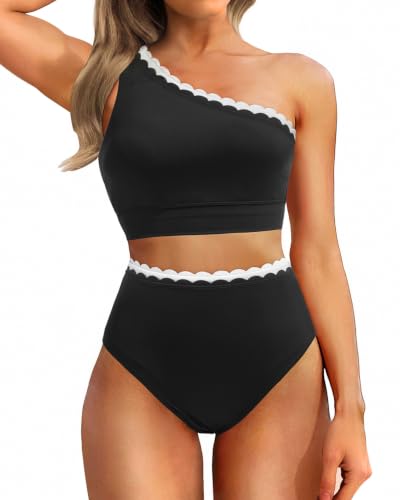 Image of Holipick Women One Shoulder High Waisted Bikini Sets Two Piece Swimsuit Tummy Control Bathing Suit Full Coverage Swimwear