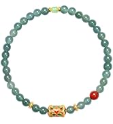 AMINKINA 18K Gold Natural A-Grade Burmese Jade Bracelet for Women, Southern Red Agate Beaded Elas...