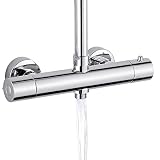 Fácil de instalar: esta barra mezcladora de termostato es adecuada para baño europeo, entradas de agua fría y caliente: 1/2 "G; salida superior: 3/4" G; salida inferior: 1/2" G; distancia de montaje: 150 mm. Para un mejor uso, mide cuidadosamente el tamaño antes de comprar.