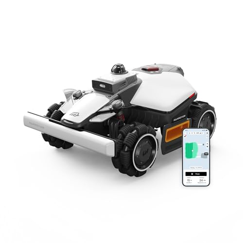 Black and green Mammotion LUBA mini 2 AWD robot mower with four wheels and LiDAR turret