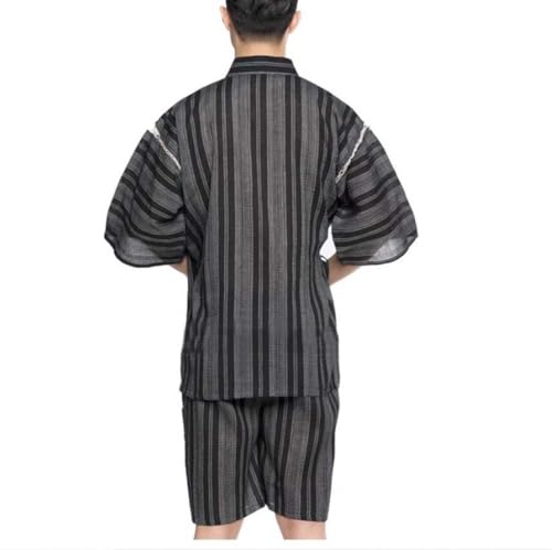 ZEALMAX Kimono Japanese Jinbei Shirt Pant Cotton Linen Loungewear Spa Bathrobe Casual Clothing for Home Vacation, Black with White Line2