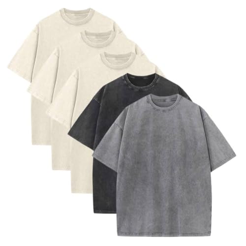 Botong T-shirt de ginásio de tamanho grande para homem, ajuste solto, algodão pesado, lavagem ácida, vintage, unissexo, 3 Pcapricot+preto+cinzento, XL