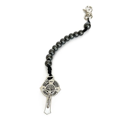 Catholic Pocket Rosary with Saint Benedict Medal & Black Hematite Beads - Tenner Open Style One Decade Rosary Keychain3