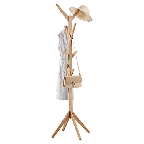 LANGRIA Free Standing Bamboo Tree-Shaped Display Coat Rack Stand with 4 Tiers 8 Hooks Solid Feet Suits Hallway Room Home Office, Clothes Organizer for Clothes Scarves Hats (Bamboo Natural Color)