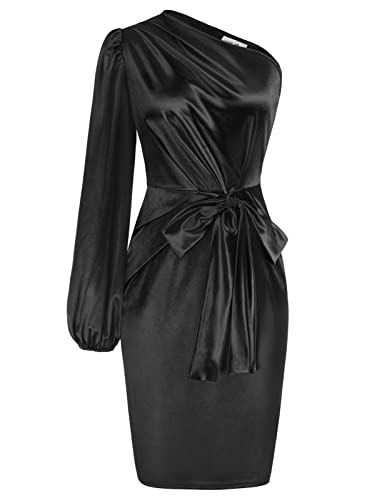 LIUMILAC Damen Bodycon Kleid EIN Schulterkleid mit Schleife Bleistiftkleid Vintage Party Schwarz M Cover