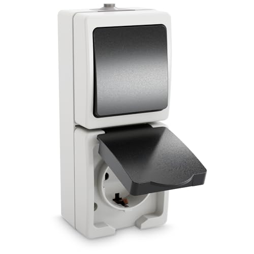 greate Aufputz Schalter Steckdose Kombination mit IP54 für Feuchtraum - Aufputzsteckdose mit Wechselschalter 250V & 16A