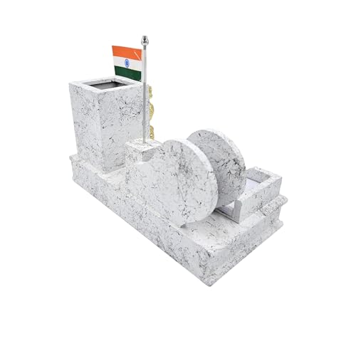 Image of WOOD HOUSE White Marble Look Wooden Pen Stand with Flag - Elegant Desk Organizer for Pens and Office Essentials - Patriotic Flag Accent - Stylish and Functional Home and Office Decor