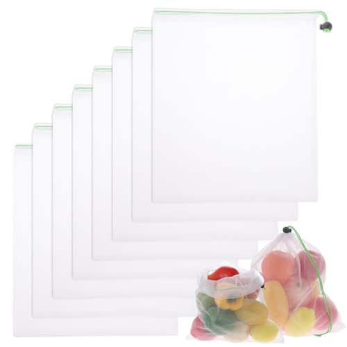 BOHUIZ 8 Stück Obst Gemüse Netztasche, Obstnetz Netzbeutel mit Kordelzug durchsichtige Netzbeutel Produce Mesh Bags für Lebensmittel Gemüse Obst Haushalt Spielzeug Kleinteile