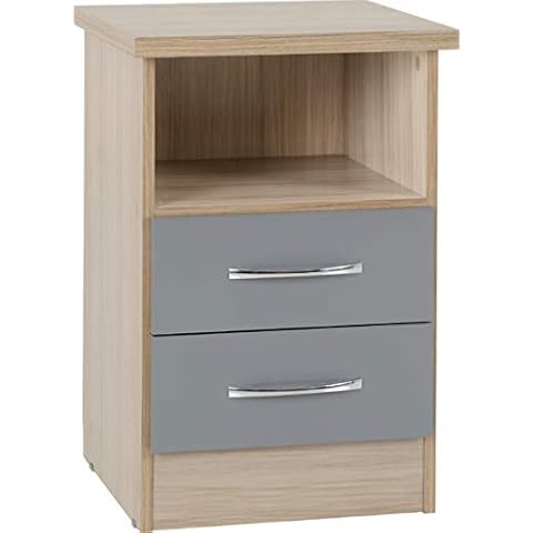 Nevada 2 Drawer Bedside Cabinet Chest Side Table With Shelf (Grey Gloss/Light Oak Effect Veneer) Cover