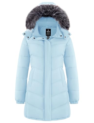 wantdo Women's Full-Zip Hooded Lightweight Warm Bubble Jacket, Light Blue L