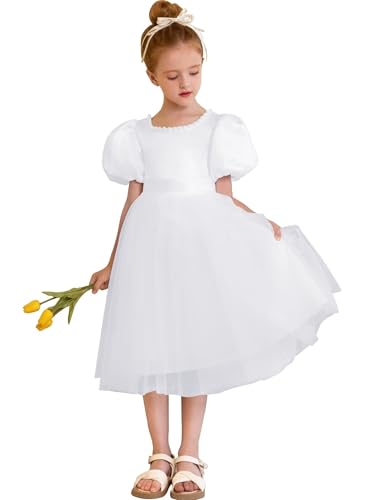 Pearls O-Neck Flower Girl Dress Pretty Princess Wedding Party Satin Tulle First Communion Dresses with Bowknot