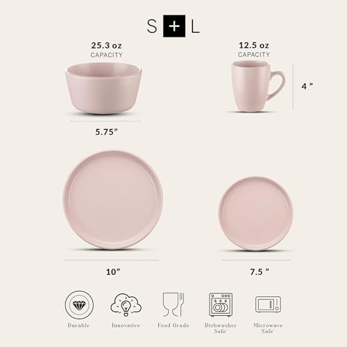 Image of Stone Lain Albie Stoneware 32-Piece Modern Dinnerware Set, Kitchen Plates and Bowls Sets, Service for 8, Pink, Microwave & Dishwasher Safe