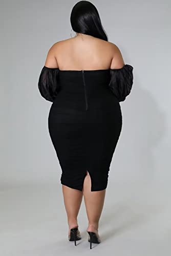 Women's Plus Size Off The Shoulder Mesh Long Sleeve Bodycon Ruched Midi Party Cocktail Dress3