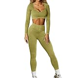 OEAK Damen Sportanzüge Jogginganzug Sport Sets Gerippt Workout Set Sport Crop Top mit Hoher Taille Leggings Gym Bekleidungssets Activewear,E Grasgrün,M