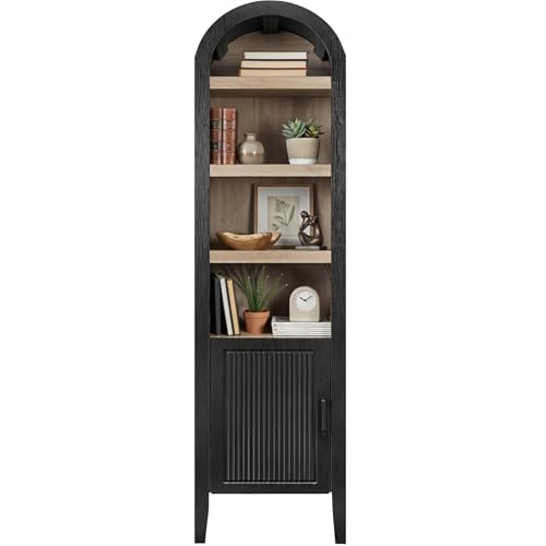 Best Choice Products 72 Tall Narrow Arched Pantry Cabinet w/Reeded Door 4-Tier Bookshelf Armoire Hutch Bookcase Storage Cabinet w/Adjustable Shelves for Dining Room and Livingroom - Black Oak