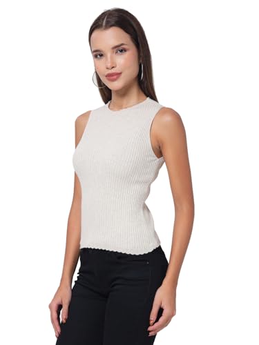 Image of Kalt Womens Knitted, Ribbed Cotton Fitted Sleeveless Round Neck Cami Tank Top