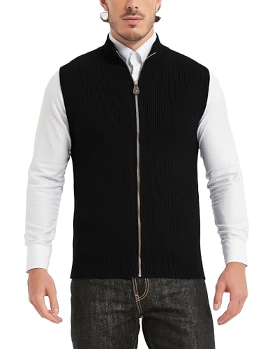 Kallspin Men's Wool Blend Sweater Cardigan Sleeveless Full Zip Cardigan Knit Classic Warm Wool Vest Sweater