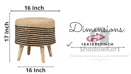 Sitting Solutions for Home - Wooden Frame Round Ottomans | Ottoman for Living Room Set of 2 for Sitting | Bedroom, Study & Makeup Table, 16x16x18 Inch (Combo Half-Black-Chakri)