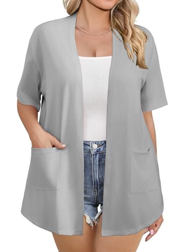 Image of IN'VOLAND Women Plus Size Lightweight Cardigan Short Sleeve Open Front Casual Summer Kimonos Cardigans with Pockets