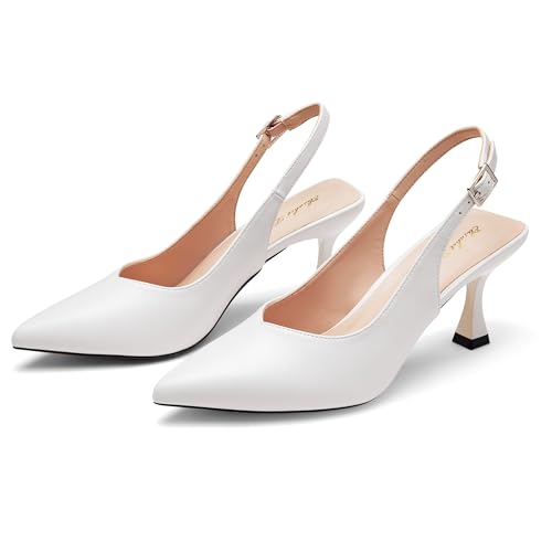 Image of Elisabet Tang Women's Kitten Heel Slingback Low Pumps 3 Inches Stiletto Pointed Closed Toe Elegant Dressy Bridal Wedding Party Shoes