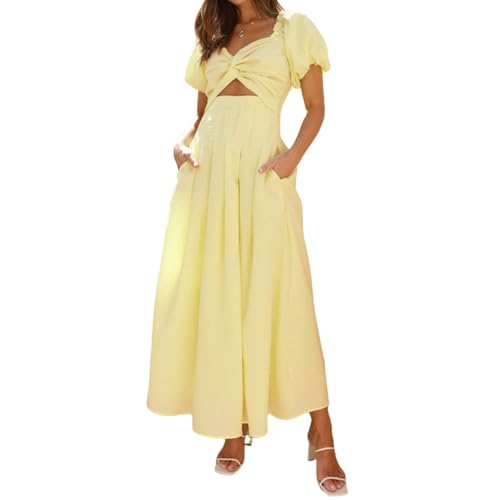 Women's Summer Off The Shoulder Dresses Puff Sleeve Twist Front Cut Out A-Line Dress Casual Maxi Dress with Pockets