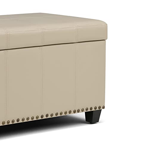 Simplihome Amelia 34 Inch Wide Rectangle Lift Top Storage Ottoman Bench In Upholstered Satin Upholstered Cream Faux Leather, Footrest Stool, Coffee Table For Living Room And Kids Room, Transitional #TOP3