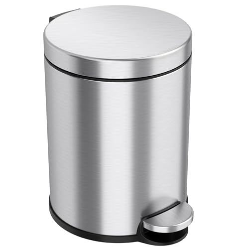 Image of iTouchless SoftStep 1.3 Gallon Small Round Bathroom Trash Can with Removable Inner Bucket and AbsorbX Odor Filter, Stainless Steel, 5 Liter Step Pedal Garbage Bin for Bedroom, Office Cubicle