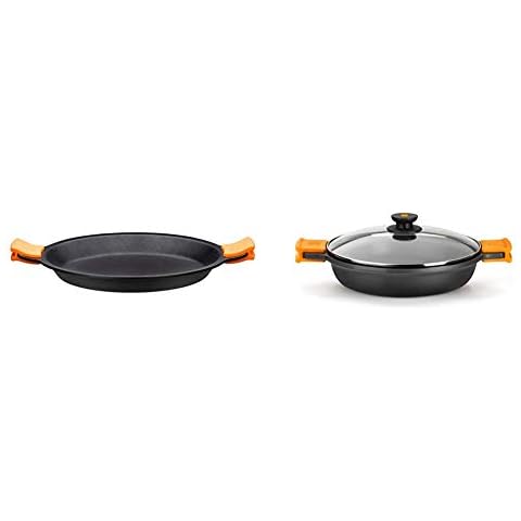 BRA Paellera Negro 40cm + Efficient Cacerola baja con tapa de cristal y asas de silicona extraíbles 32cm Cover