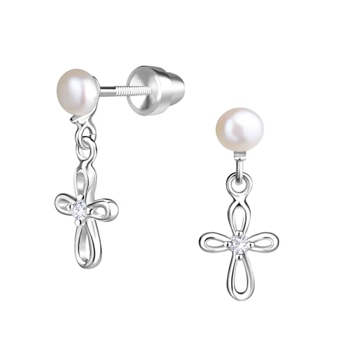 Cherished Moments Children's Sterling Silver Dainty Cultured Pearl or CZ, Dangling Cross Earrings with Screw Backs for Baptism, Christening, First Communion Gift for Toddlers, Kids, and Little Girls