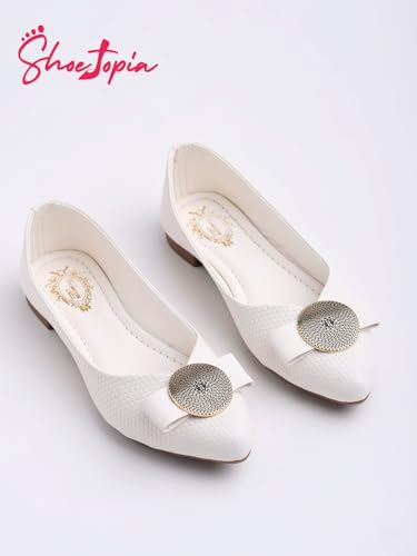 Image of Shoetopia Oversized Bow Detailed White Bellies for Girls-EU37