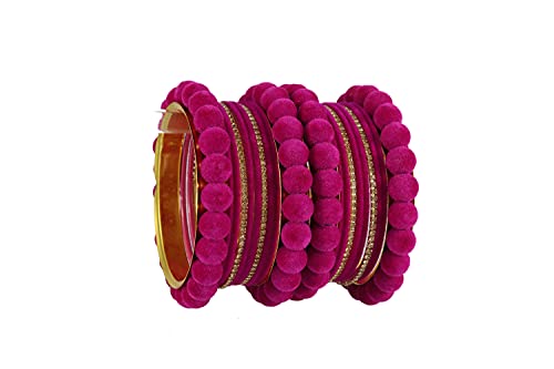 Image of NMII Stylish Metal with Golden Zircon Stone & Velvet Balls Bangles Set For Women and Girls | Fancy Designer Bangles | Short Velvet Chuda Set | Women's Fashion Jewellery