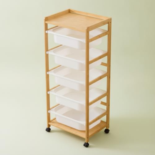 FewNvWa Mobile Storage Cart Rolling Organizer Utility Cart Shelving Unit Trolley with Removable Bins Bamboo and Build Smooth Swivel Wheels Suitable for playrooms bedrooms Sitting Room Home Storage - Image 7