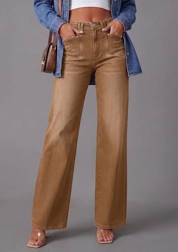 PRETTYGARDEN High Waisted Wide Leg Jeans for Women 2026 Trendy Baggy Straight Leg Stretchy Summer Denim Pants with Pockets (Brown,6) — view 5
