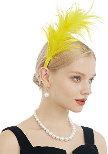 Felizhouse 1920S Fascinator With Feathers Headband For Women Wedding Tea Party Headwear (Yellow) #TOP2
