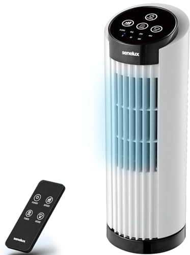 Senelux Mini Tower Fan 13 Inch Oscillating Desk Fan with Remote Control Touch Panel 3 Speed Settings 7.5 Hour Timer 70 Degree Cooling Quiet Portable Personal Air Circulator for Bedroom Office White