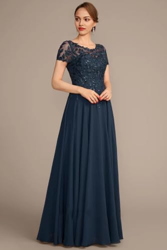 Lace Applique Mother of The Bride Dresses for Women Sparkly Sequin Maxi Formal Dress Short Sleeve Wedding Guest Dresses4