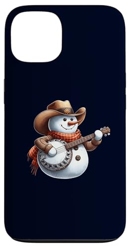 Carcasa para iPhone 13 Genial muñeco de nieve de vaquero con banjo, divertido muñeco de nieve para Navidad e invierno