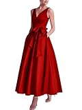 Bedlover Satin Mother of The Bride Dresses for Wedding Bow Sleeveless V Neck Formal Evening Party Gowns Simple Red Tea Length Bridesmaid Dress US14