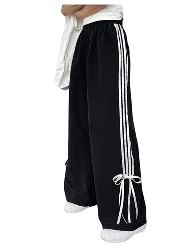Women's Y2k Striped Wide Leg Pants High Waist Drawstring Elastic Bow Side Tie Side Loose Fit Trousers