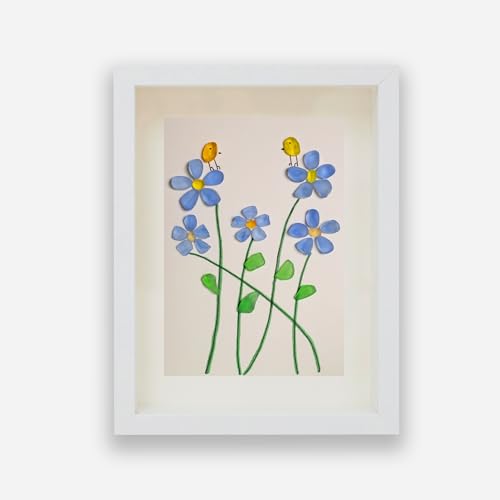 Hoyutoma Handmade Sea Glass Wall Art Forget Me Not Flower Birds Design Framed Gift for Friends Graduation Retirement