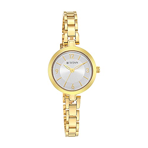 Titan Lagan Women's Quartz Analog Watch | Silver Dial with Gold Arabic Numerals | Gold Metal Link Strap | Festive & Wedding Wear - 2598YM04