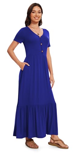 Image of VIISHOW Women's Short Sleeve Maxi Dress 2026 Summer V Neck Knit Loose Plain Empire Waist Casual Dresses with Pockets