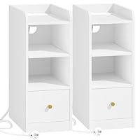Hzuaneri Nachtkastje set van 2, Slank Bijzettafeltje met Ledverlichting, 1 USB-A-Poort, 1 USB-C-Poort, Nachtkastje met 2 Stoffen Lades, Modern, voor Slaapkamer, Woonkamer, Wit-Zwart NS12213B