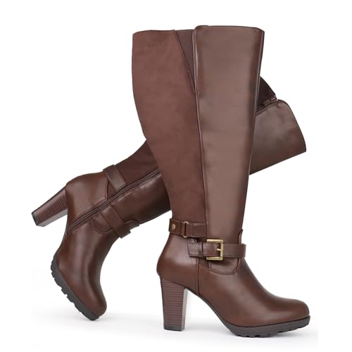 Chicblooms Botines de mujer de talla grande, con talle alto, tacón alto, con hebilla en el tobillo, marrón ante, 40 EU