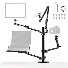 【Desktop Tree Like Camera Mount Stand】 Includes a central column with a desk clamp, three articulating arms, a microphone boom arm, a ball head mount, a laptop clamp, a tablet clamp, and a VESA mount adapter, allowing flexible mounting of DSLR compac...