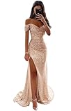 Women's Sequin Rose Gold Prom Dresses 2025 Mermaid Evening Dresses Off The Shoulder Formal Long Ball Gown with Slit Size 10