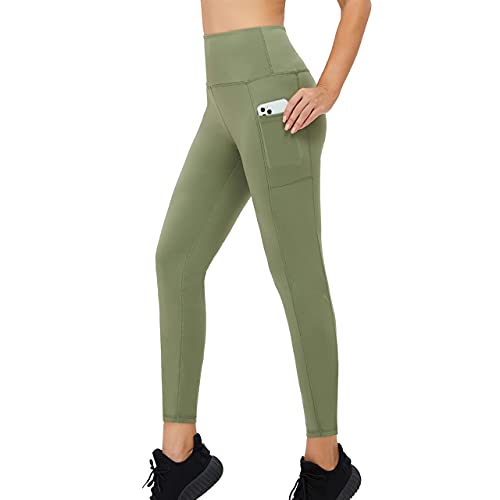 SUPRNOWA Leggings de cintura alta 7/8 para mujer, para yoga, correr, fitness, entrenamiento, bolsillos laterales, verde oliva, XS Cover